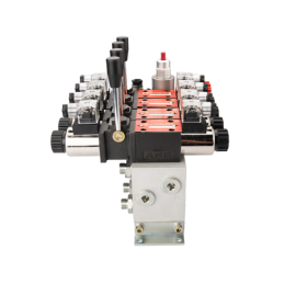 4 sekcijų 12 V hidraulinis skirstytuvo blokas, tipas Cetop 3 NG6, su proporciniu srauto reguliatoriumi, komplektuojamas su manom