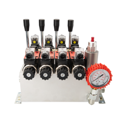 4 sekcijų 12 V hidraulinis skirstytuvo blokas, tipas Cetop 3 NG6, su proporciniu srauto reguliatoriumi, komplektuojamas su manom