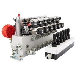 6 sekcijų 12 V hidraulinis skirstytuvo blokas, tipas Cetop 3 NG6, su proporciniu srauto reguliatoriumi, komplektuojamas su „Hydr