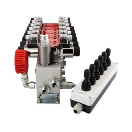 6 sekcijų 12 V hidraulinis skirstytuvo blokas, tipas Cetop 3 NG6, su proporciniu srauto reguliatoriumi, komplektuojamas su „Hydr