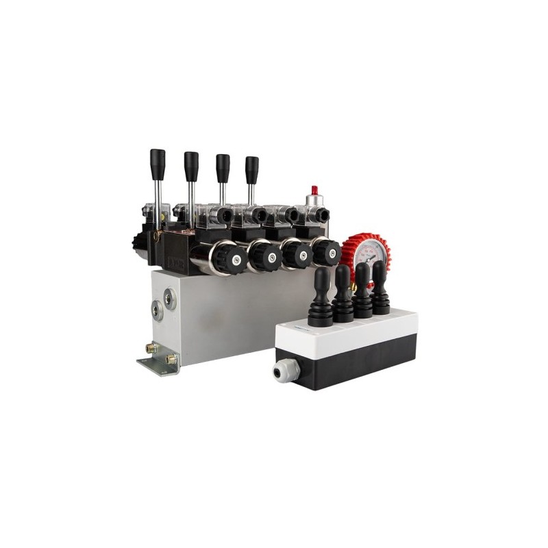 4 sekcijų 12 V hidraulinis skirstytuvo blokas, tipas Cetop 3 NG6, su proporciniu srauto reguliatoriumi, komplektuojamas su „Hydr