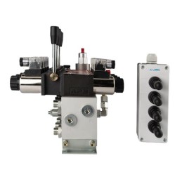 4 sekcijų 12 V hidraulinis skirstytuvo blokas, tipas Cetop 3 NG6, su proporciniu srauto reguliatoriumi, komplektuojamas su „Hydr