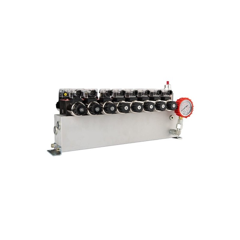 8 sekcijų 12 V hidraulinis skirstytuvo blokas, tipas Cetop 3 NG6, su proporciniu srauto reguliatoriumi, komplektuojamas su manom