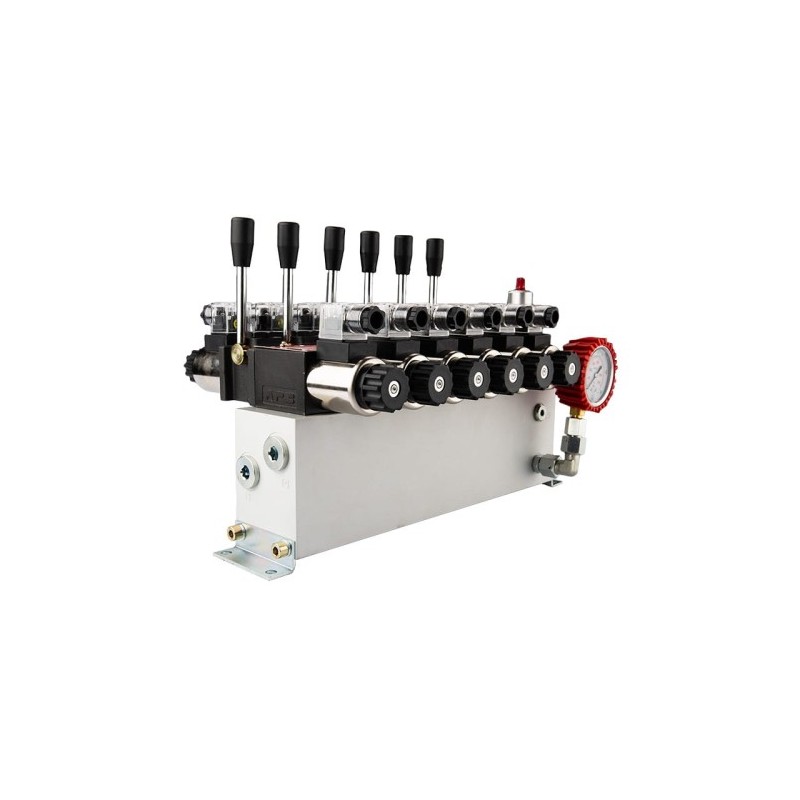 6 sekcijų 12 V hidraulinis skirstytuvo blokas, tipas Cetop 3 NG6, su proporciniu srauto reguliatoriumi, komplektuojamas su manom
