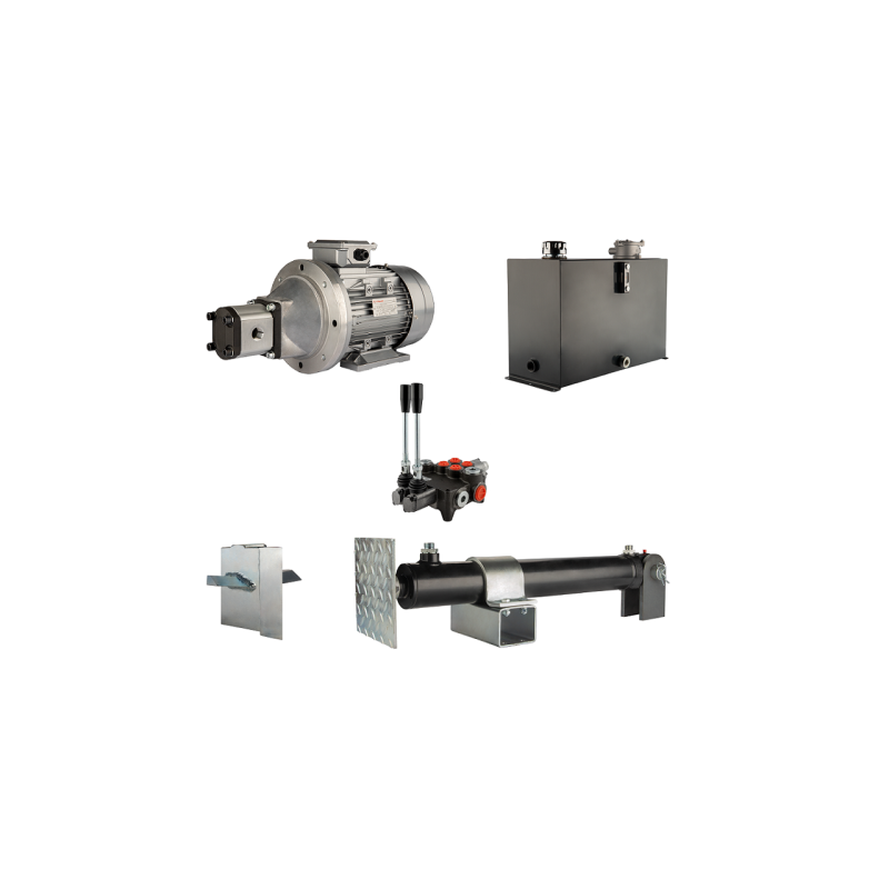 Malkų skaldytuvo hidraulika. Skaldymo galia: 5 tonos. Skaldymo ciklo laikas: 18–21 sekundė. Pavara, siurblys, variklis, 45 litrų