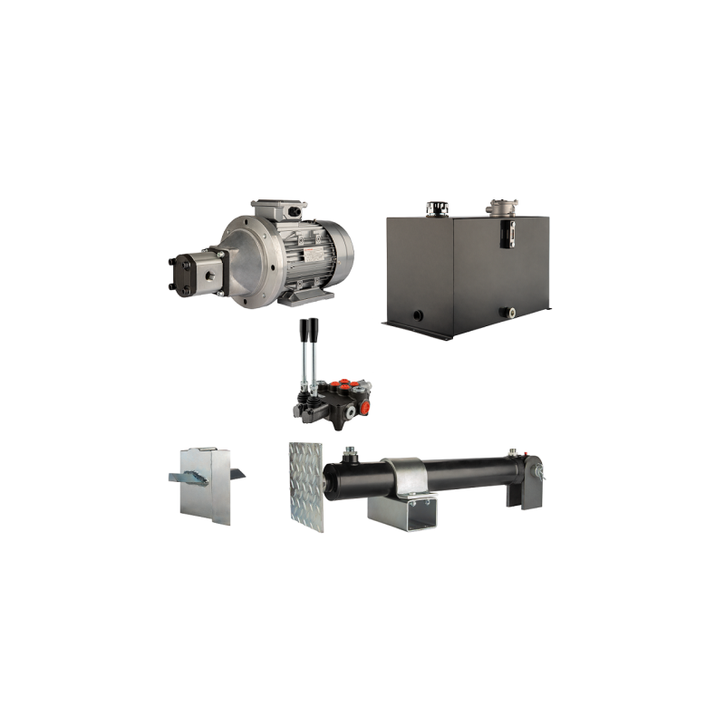 Malkų skaldytuvo hidraulika. Skaldymo galia: 5 tonos. Skaldymo ciklo laikas: 18–21 sekundė. Pavara, siurblys, variklis, 75 litrų