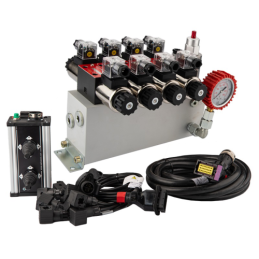 sekcijų 12 V hidraulinis skirstytuvo blokas, tipas Cetop 3 NG6, su proporciniu srauto reguliatoriumi, komplektuojamas su „Salvar