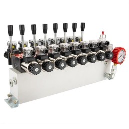 8 sekcijų 12 V hidraulinis skirstytuvo blokas, tipas Cetop 3 NG6, su proporciniu srauto reguliatoriumi, komplektuojamas su manom