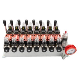 8 sekcijų 12 V hidraulinis skirstytuvo blokas, tipas Cetop 3 NG6, su proporciniu srauto reguliatoriumi, komplektuojamas su manom