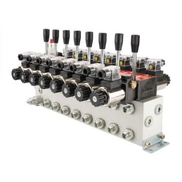 8 sekcijų 12 V hidraulinis skirstytuvo blokas, tipas Cetop 3 NG6, su proporciniu srauto reguliatoriumi, komplektuojamas su manom