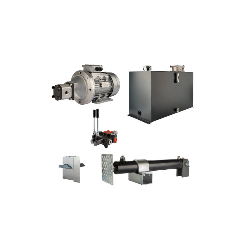 Malkų skaldytuvo hidraulika: skaldymo galia: 8 tonos, skaldymo ciklo laikas: 14–17 sekundžių. Pavara, siurblys, variklis, 100 li