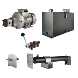 Malkų skaldytuvo hidraulika. Skaldymo galia: 12 tonų. Skaldymo ciklo laikas: 14–17 sekundžių. Pavara, siurblys, variklis, 100 li