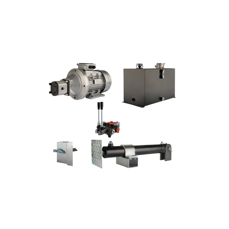 Malkų skaldytuvo hidraulika. Skaldymo galia: 12 tonų. Skaldymo ciklo laikas: 18–21 sekundė. Pavara, siurblys, variklis, 75 litrų