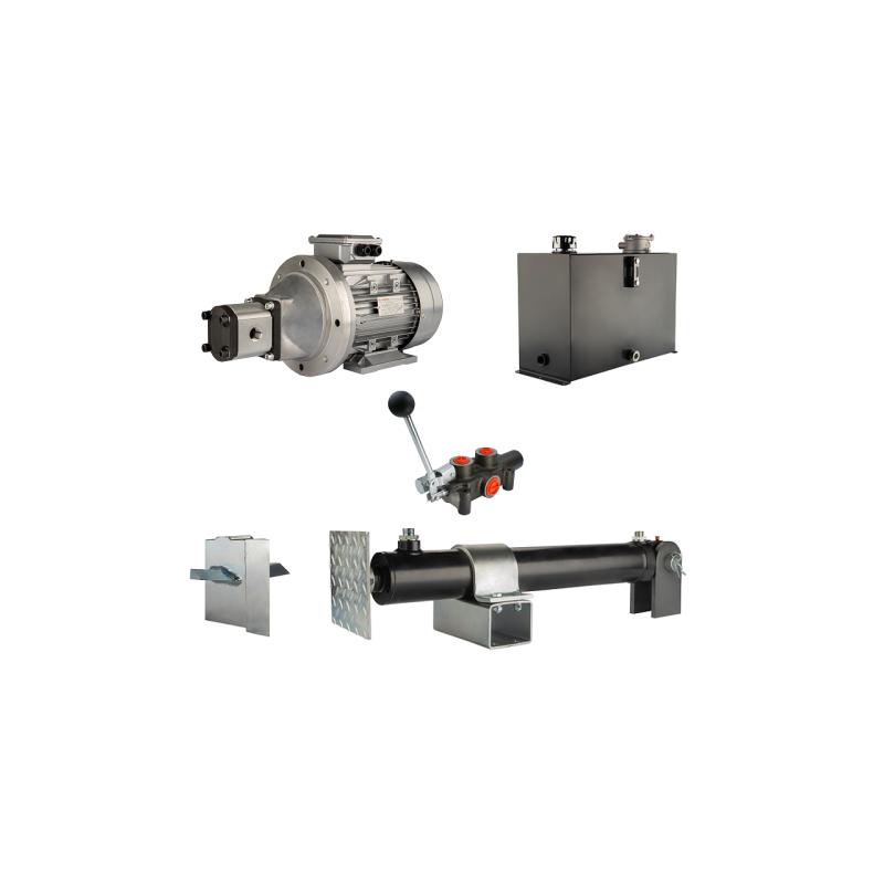 Malkų skaldytuvo hidraulika. Skaldymo galia: 16 tonų. Skaldymo ciklo laikas: 11–14 sekundžių. Pavara, siurblys, variklis, 45 lit