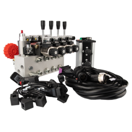 sekcijų 12 V hidraulinis skirstytuvo blokas, tipas Cetop 3 NG6, su proporciniu srauto reguliatoriumi, komplektuojamas su „Salvar