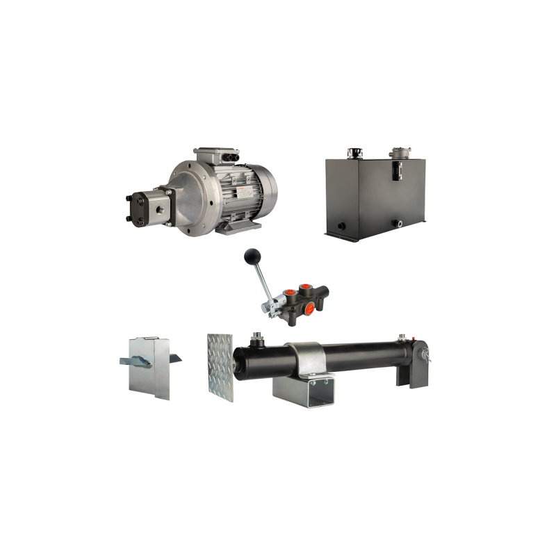 Malkų skaldytuvo hidraulika. Skaldymo galia: 19 tonų. Skaldymo ciklo laikas: 14–17 sekundžių. Pavara, siurblys, variklis, 45 lit