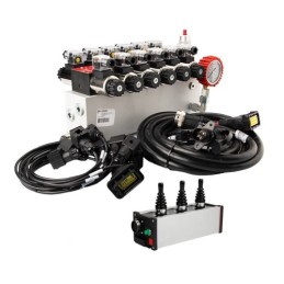 sekcijų 12 V hidraulinis skirstytuvo blokas, tipas Cetop 3 NG6, su proporciniu srauto reguliatoriumi, komplektuojamas su „Salvar