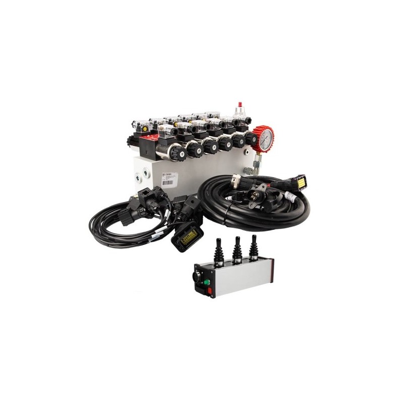 sekcijų 12 V hidraulinis skirstytuvo blokas, tipas Cetop 3 NG6, su proporciniu srauto reguliatoriumi, komplektuojamas su „Salvar