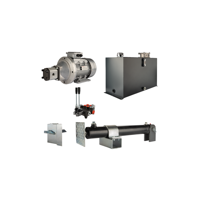 Malkų skaldytuvo hidraulika. Skaldymo galia: 19 tonų. Skaldymo ciklo laikas: 14–17 sekundžių. Pavara, siurblys, variklis, 100 li