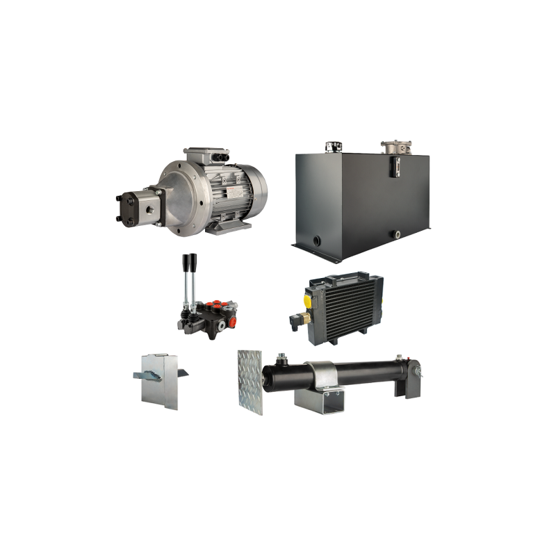 Malkų skaldytuvo hidraulika. Skaldymo galia: 12 tonų. Skaldymo ciklo laikas: 9–12 sekundžių. Pavara, siurblys, variklis, 100 lit