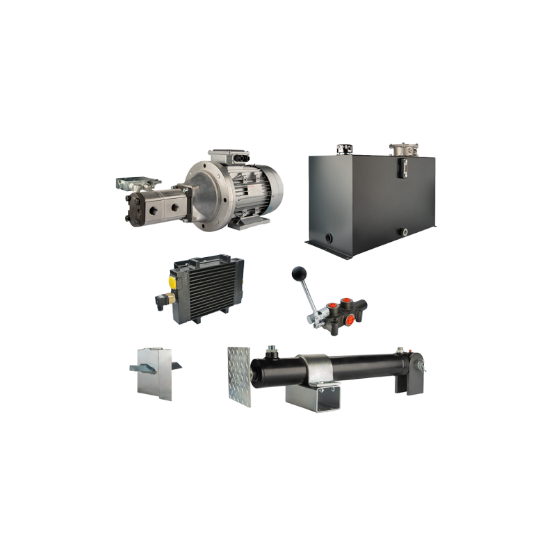 Malkų skaldytuvo hidraulika. Skaldymo galia: 14 tonų. Skaldymo ciklo laikas: 12–16 sekundžių. Pavara, siurblys, variklis, 100 li