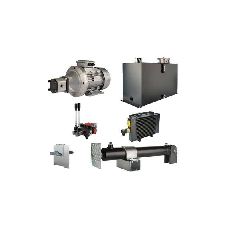 Malkų skaldytuvo hidraulika. Skaldymo galia: 19 tonų. Skaldymo ciklo laikas: 14–17 sekundžių. Pavara, siurblys, variklis, 100 li