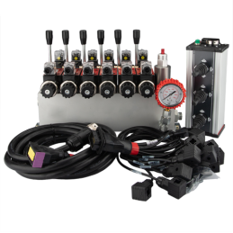 sekcijų 12 V hidraulinis skirstytuvo blokas, tipas Cetop 3 NG6, su proporciniu srauto reguliatoriumi, komplektuojamas su „Salvar