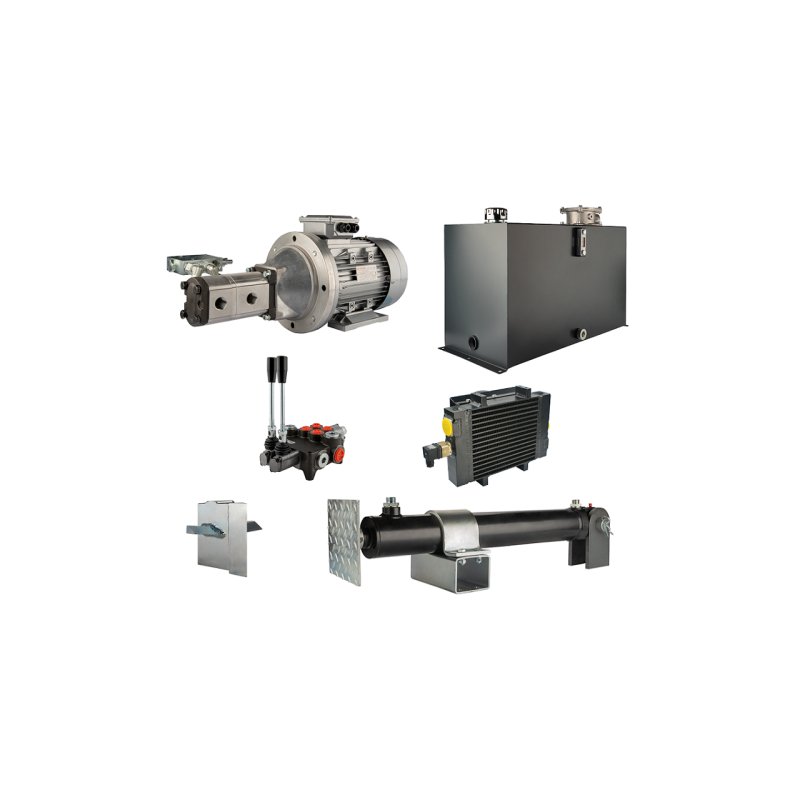 Malkų skaldytuvo hidraulika. Skaldymo galia: 12 tonų. Skaldymo ciklo laikas: 10–13 sekundžių. Pavara, siurblys, variklis, 100 li