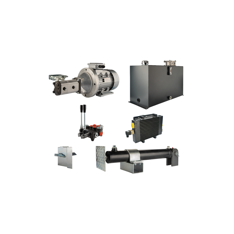 Malkų skaldytuvo hidraulika. Skaldymo galia: 18 tonų. Skaldymo ciklo laikas: 12–16 sekundžių. Pavara, siurblys, variklis, 100 li