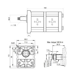 „Hydrosila“ dešininis 2 sekcijų krumpliaratinis hidraulinis siurblys, 2 grupė, tūris: 10/10 cm3/aps., našumas (1500 aps.): 15/15