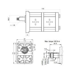 „Hydrosila“ dešininis 2 sekcijų krumpliaratinis hidraulinis siurblys, 2 grupė, tūris: 12/12 cm3/aps., našumas (1500 aps.): 18/18