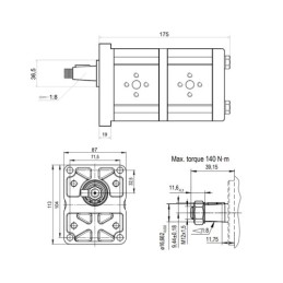 „Hydrosila“ dešininis 2 sekcijų krumpliaratinis hidraulinis siurblys, 2 grupė, tūris: 14/14 cm3/aps., našumas (1500 aps.): 21/21