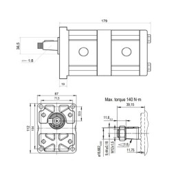 „Hydrosila“ dešininis 2 sekcijų krumpliaratinis hidraulinis siurblys, 2 grupė, tūris: 16/14 cm3/aps., našumas (1500 aps.): 24/21