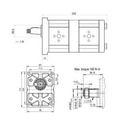 „Hydrosila“ dešininis 2 sekcijų krumpliaratinis hidraulinis siurblys, 2 grupė, tūris: 22/22 cm3/aps., našumas (1500 aps.): 33/33