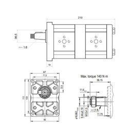 „Hydrosila“ dešininis 2 sekcijų krumpliaratinis hidraulinis siurblys, 2 grupė, tūris: 26/22 cm3/aps., našumas (1500 aps.): 39/33