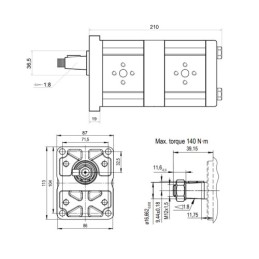 „Hydrosila“ dešininis 2 sekcijų krumpliaratinis hidraulinis siurblys, 2 grupė, tūris: 26/26 cm3/aps., našumas (1500 aps.): 39/39