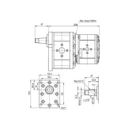 „Hydrosila“ dešininis 2 sekcijų krumpliaratinis siurblys, 3 + 2 grupė, tūris: 33/14 cm3/aps., našumas (1500 aps.): 50/21 l/min.