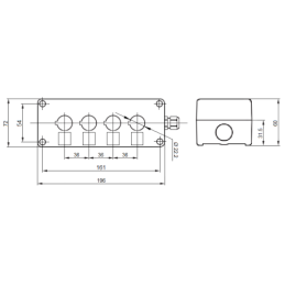 2 x Korpusas elektrinėms valdymo svirtims arba manipuliatoriams, keturios skylės, su liauka, tvirtinimo anga 22 mm