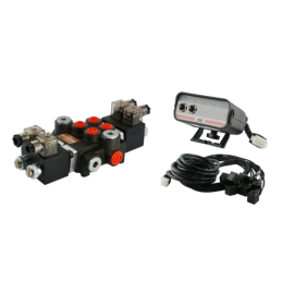 2 sekcijų hidraulinis skirstytuvas 40 l/min., valdomas elektra 24 V su valdymo pultu su dviem mygtukais