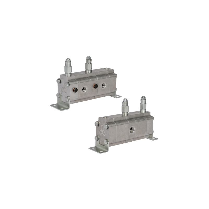 Tikslus reduktoriaus alyvos srauto daliklis GR20 2x16,0 cm3 1xIN - 2xOUT su išlyginamaisiais vožtuvais. Įleidimo alyvos srauto d