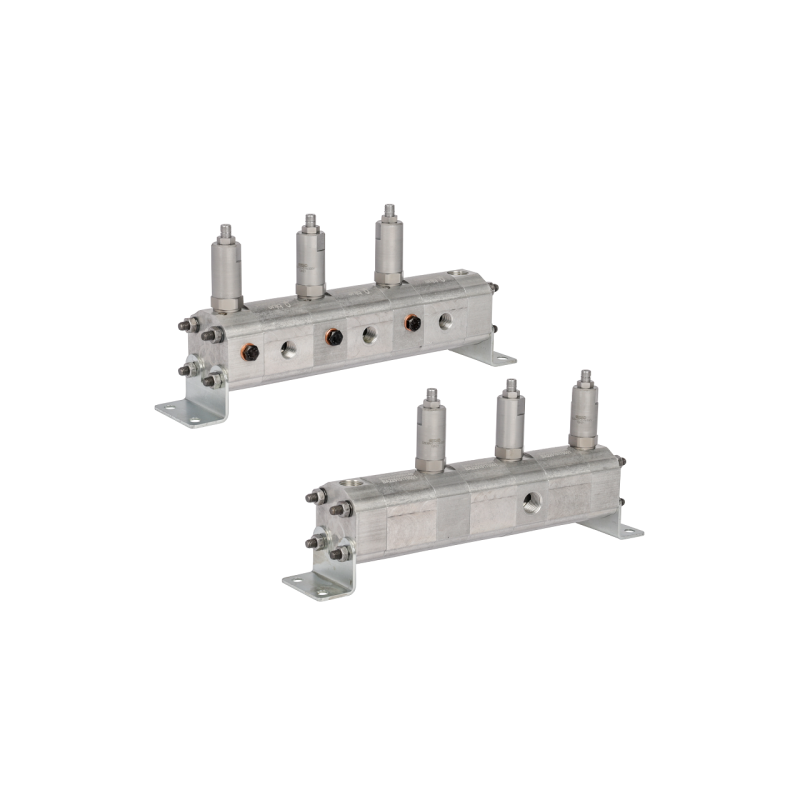 Tikslus transmisinės alyvos srauto daliklis GR10 3x4,3cm3 1xIN - 3xOUT su išlyginamaisiais vožtuvais. Įleidžiamos alyvos srauto 