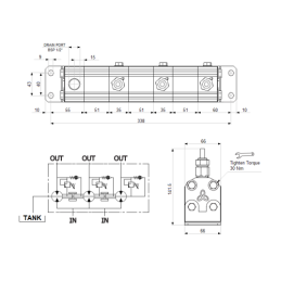 Tikslus transmisinės alyvos srauto daliklis GR10 3x4,3cm3 1xIN - 3xOUT su išlyginamaisiais vožtuvais. Įleidžiamos alyvos srauto 