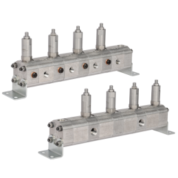 Tikslus transmisinės alyvos srauto daliklis GR10 4x3,2cm3 2xIN - 4xOUT su išlyginamaisiais vožtuvais. Įleidžiamos alyvos srauto 