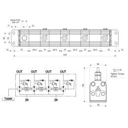 Tikslus transmisinės alyvos srauto daliklis GR20 4x5,9 cm3 2xIN - 4xOUT su išlyginamaisiais vožtuvais. Įleidžiamos alyvos srauto