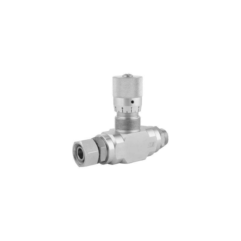 VRFB 90 AB 3/4" dvikryptis hidraulinis droselio vožtuvas su tiksliu reguliavimu. Srautas: 80 l/min., maks. slėgis: 280 bar.