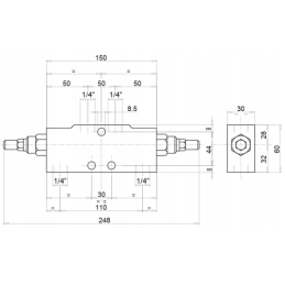 Perkrovos ir fiksavimo vožtuvas, dvipusis centrinis VBCD DE-A, sriegis: 1/4 colio, srautas: 25 l/min, maks. slėgis: 350 bar