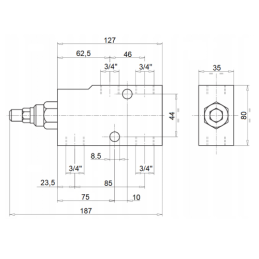 Perkrovos ir fiksavimo vožtuvas, dvipusis centrinis VBCD SE-A, sriegis: 3/4", srautas: 100 l/min, maks. slėgis: 350 bar