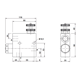 RFP3 3/8" hidraulinio srauto reguliavimo vožtuvas su perteklinio alyvos išleidimo anga