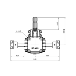 Trąšų barstytuvo centrinė kampinė pavara 1:1,44 ketaus frezuotas velenas 89 mm