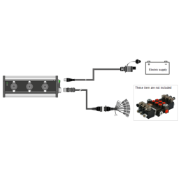 Valdymo pultas su trimis trijų padėčių valdymo svirtimis, maitinimo laidu, lizdu ir laikikliu bei adapterio laidu ir kištukais